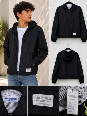 Aeropostale Sport Black Hooded Windbreaker Jacket Women’s Small Lightweight